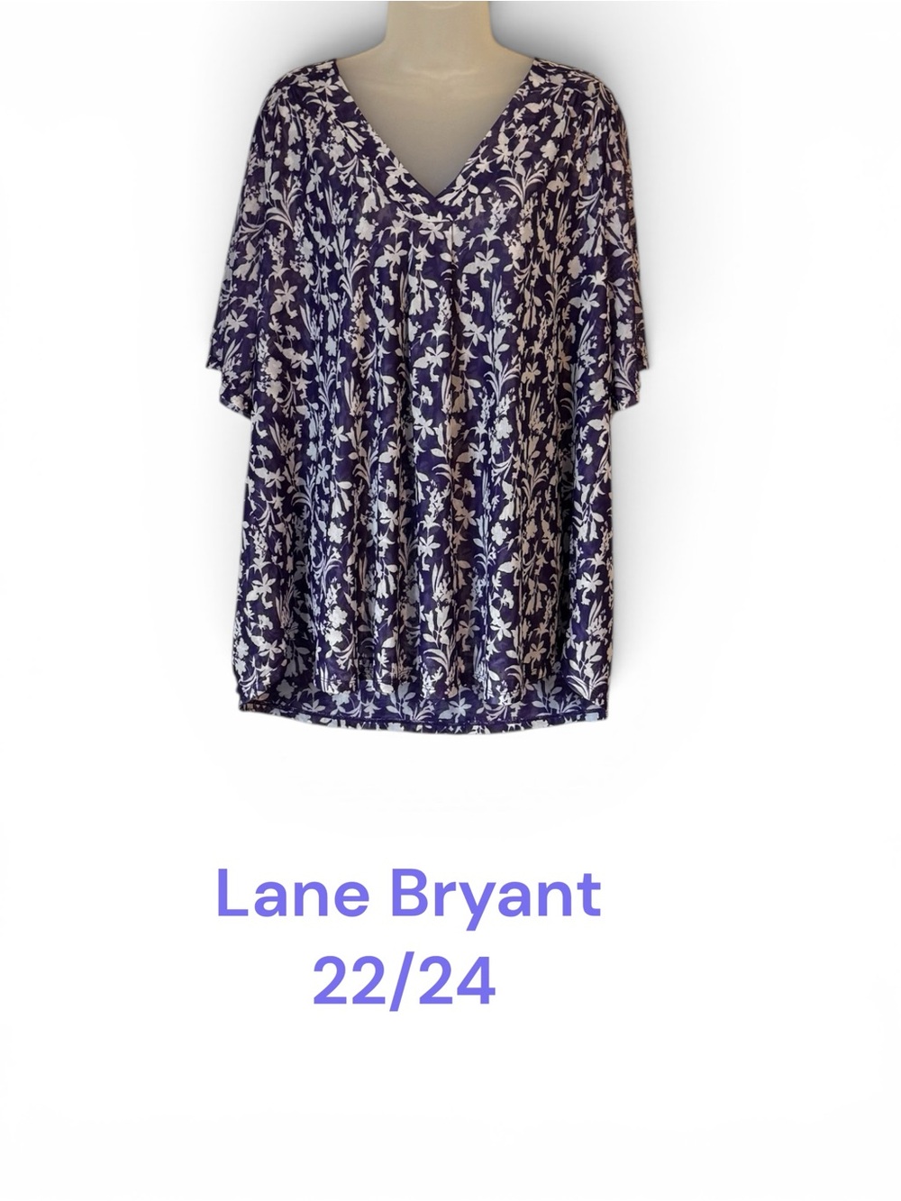 Lane Bryant Purple/White Floral V-Neck Flutter Sleeve Top PLUS: 22/24 #N - Picture 1 of 7